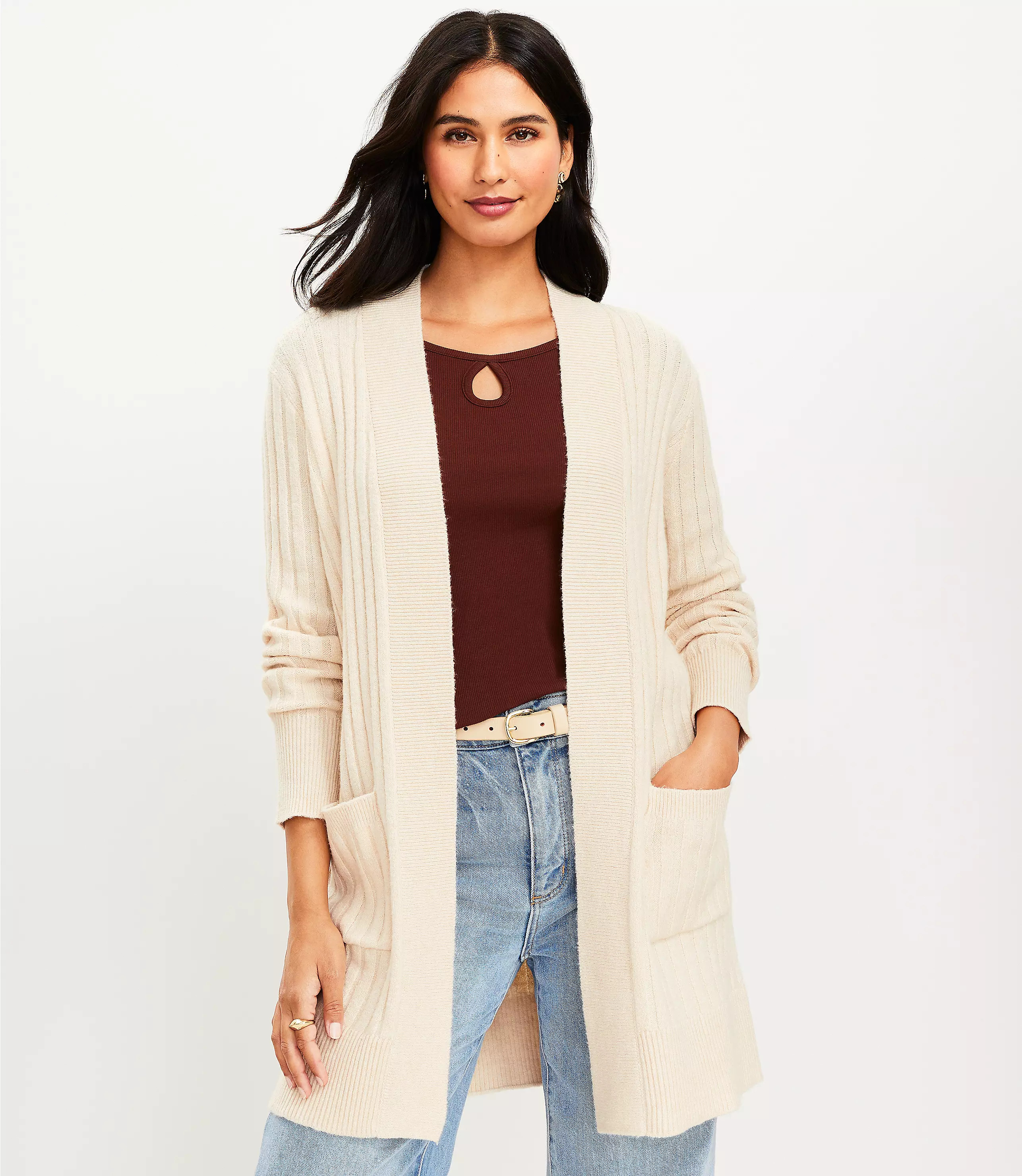 Ribbed Pocket Open Cardigan | LOFT