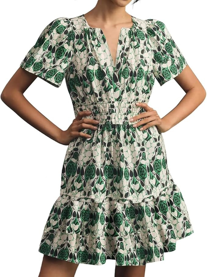 Women Floral Short Sleeve Mini Dress Casual Smocked Waist Crew/V Neck Babydoll Dresses Flowy Alin... | Amazon (US)