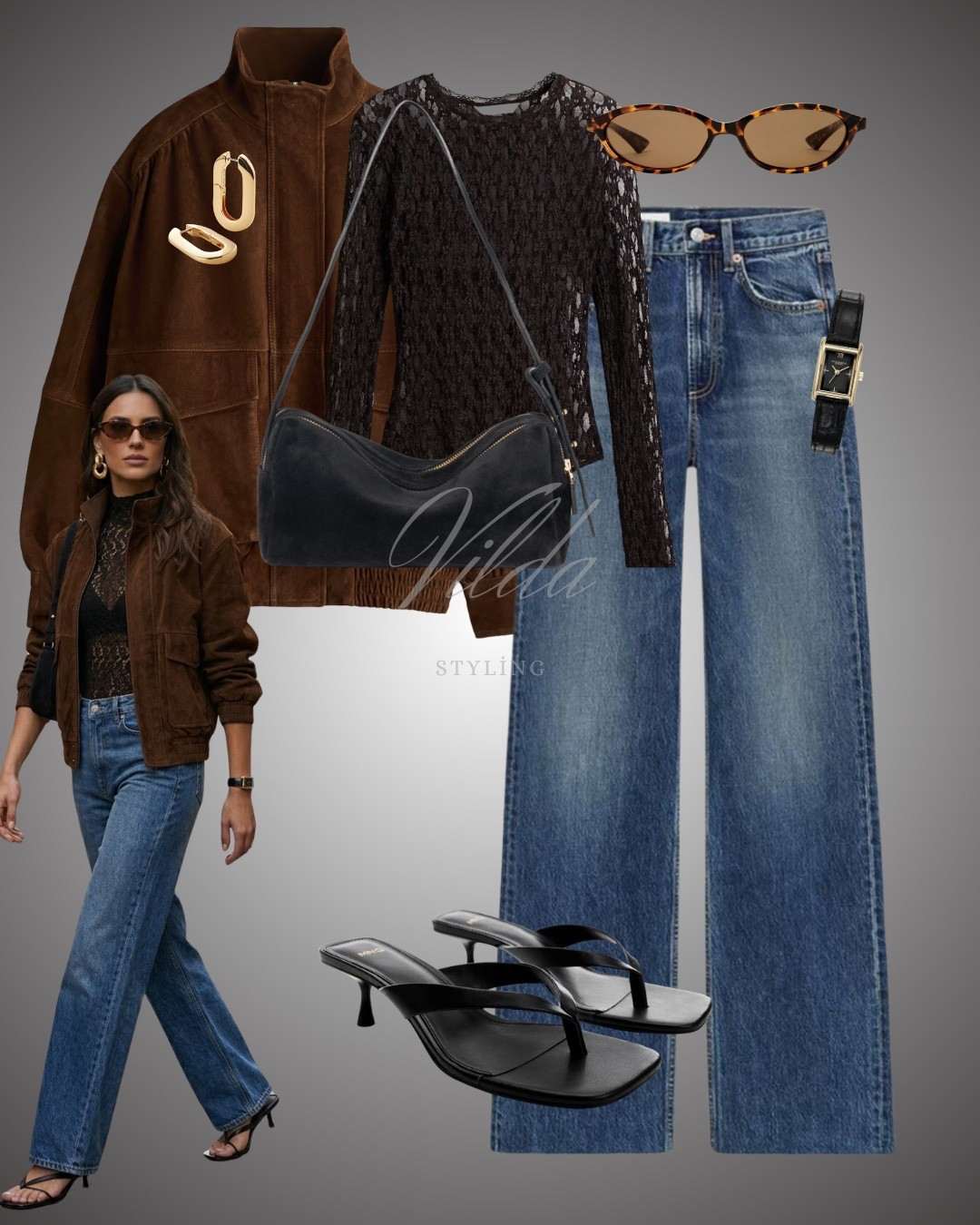 Effortlessly chic and perfectly balanced. This look pairs the rugged texture of a brown suede bomber with the delicate edge of a black lace top. Grounded by classic wide-leg denim and elevated with sleek kitten-heel thong sandals, it’s the ultimate inspiration for a sophisticated transitional wardrobe. #QuietLuxury #CleanGirlAesthetic #OldMoneyStyle #MinimalistFashion #ChicStyle #EffortlessChic #StreetStyleInspo #TransitionalStyle 

#LTKUK #LTKspringtrends #LTKSeasonal