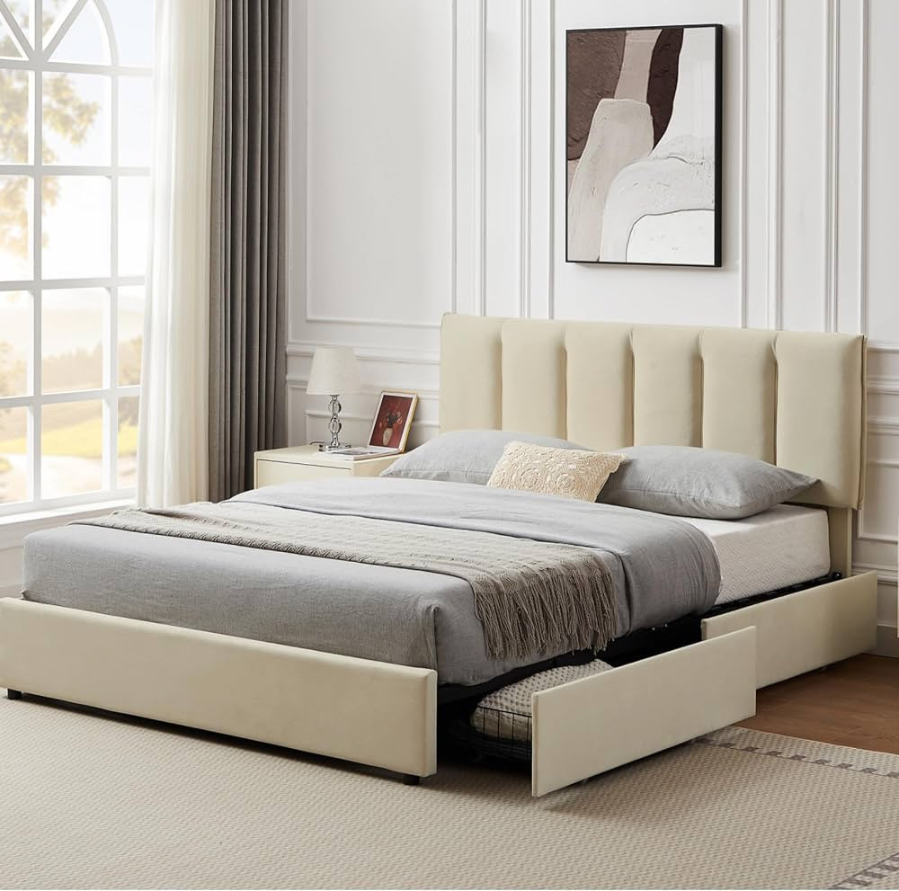 VECELO Full Upholstered Bed Frame with 4 Storage Drawers and Adjustable Velvet Headboard, Heavy-D... | Amazon (US)