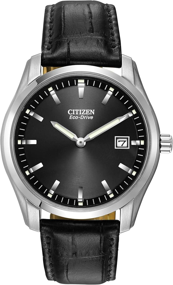 Citizen Men's Classic Eco-Drive Leather Strap Watch, Date, Luminous Hands and Markers, Black Dial... | Amazon (US)