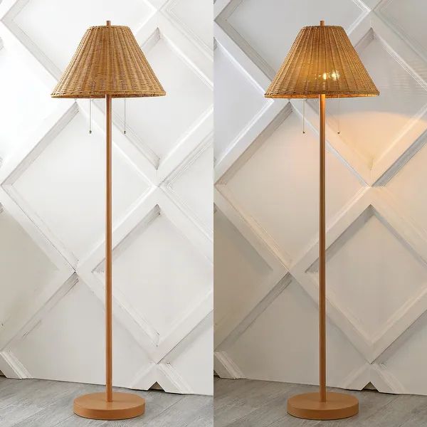 Palma 61" 2-Light Coastal Bohemian Iron/Rattan LED Floor Lamp with Pull-Chain, Brown Wood Finish ... | Bed Bath & Beyond