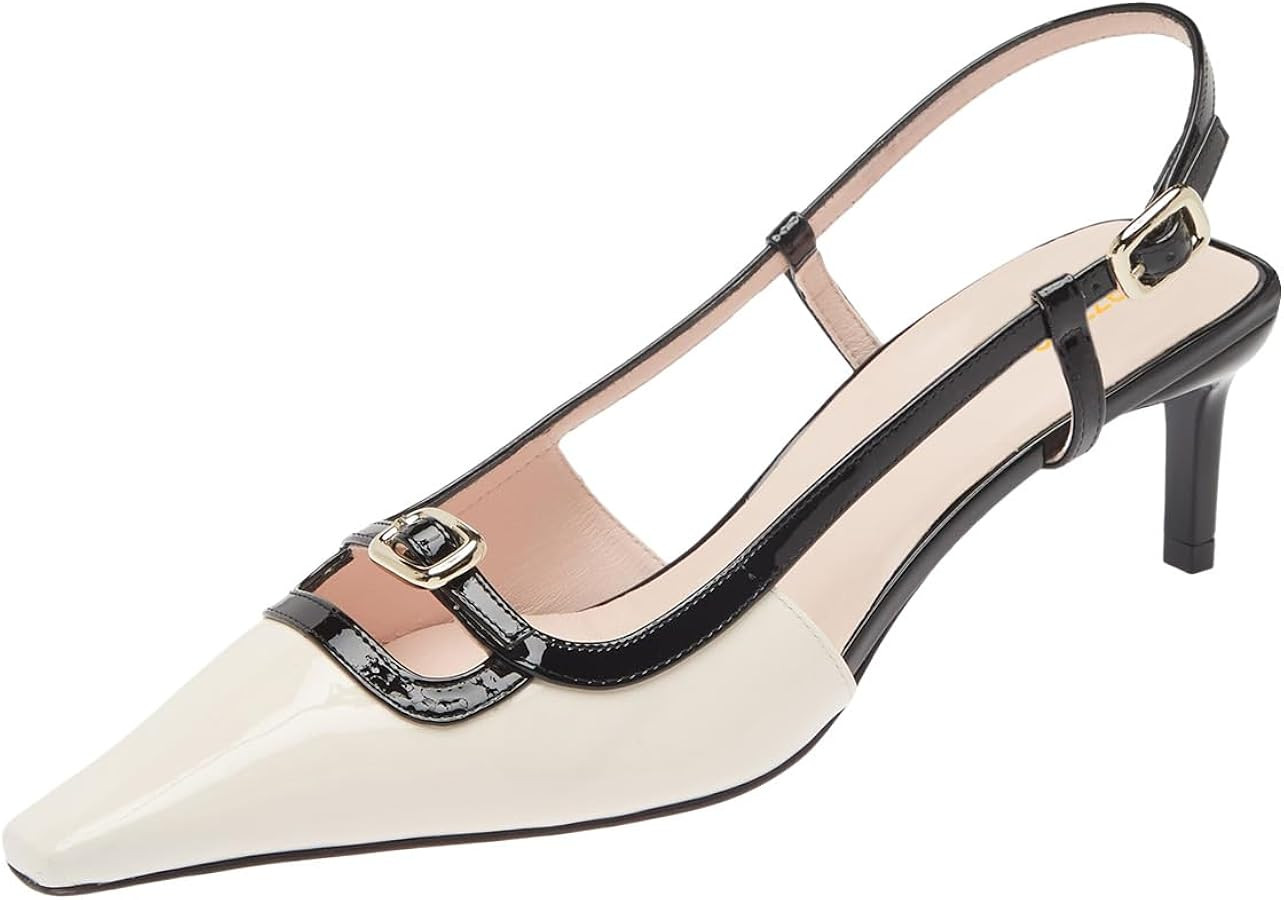 Pazzion Women's Square Toe Stiletto Heeled Slingback Pumps Mid Heel Backstrap Buckle Slip On Sand... | Amazon (US)