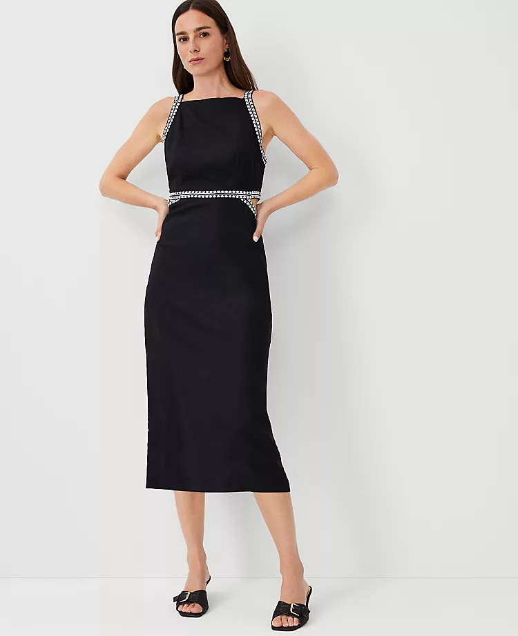 Embroidered Trim Cotton Linen Halter Dress | Ann Taylor (US)