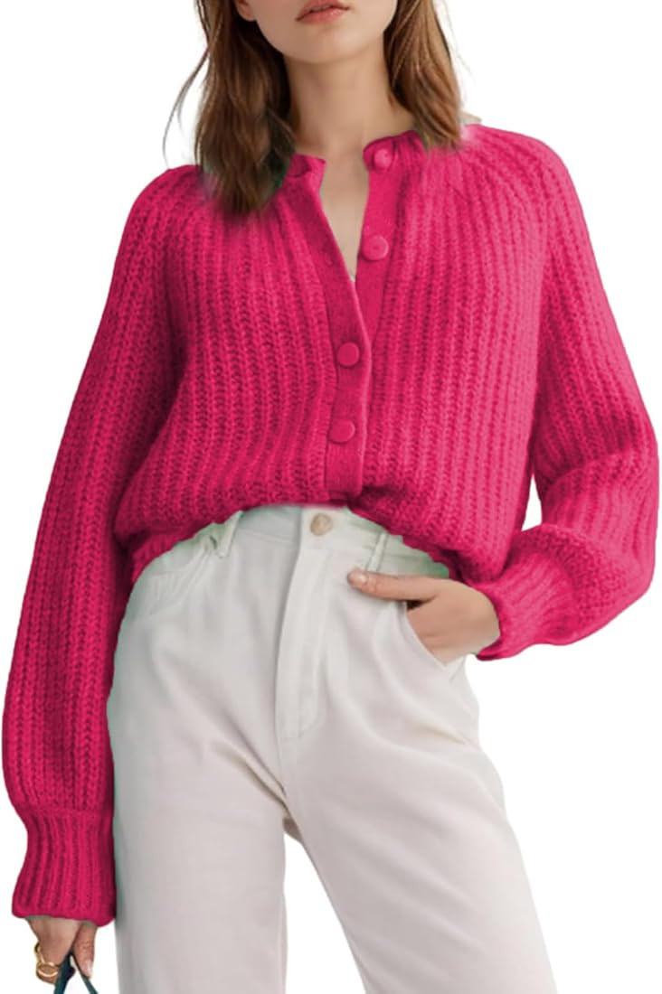 Women Chunky Cardigan Sweater Button Down Casual Long Sleeve Crewneck Y2k Knitted Cardigan Coat | Amazon (US)
