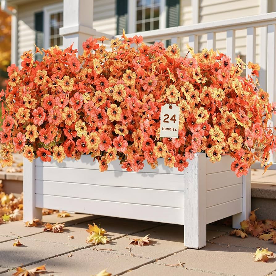 24 Bundles Artificial Fall Mums Flowers for Outdoors Decoration, UV Resistant Silk Violet and Fau... | Amazon (US)