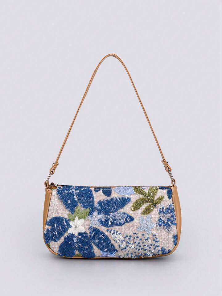 Sequin Embroidery Floral Baguette Bag Ladies Fashion All-Match Beaded Stitching Underarm Bag With Color Block Embroidery Zipper Shoulder Bag Cut Randomly | SHEIN