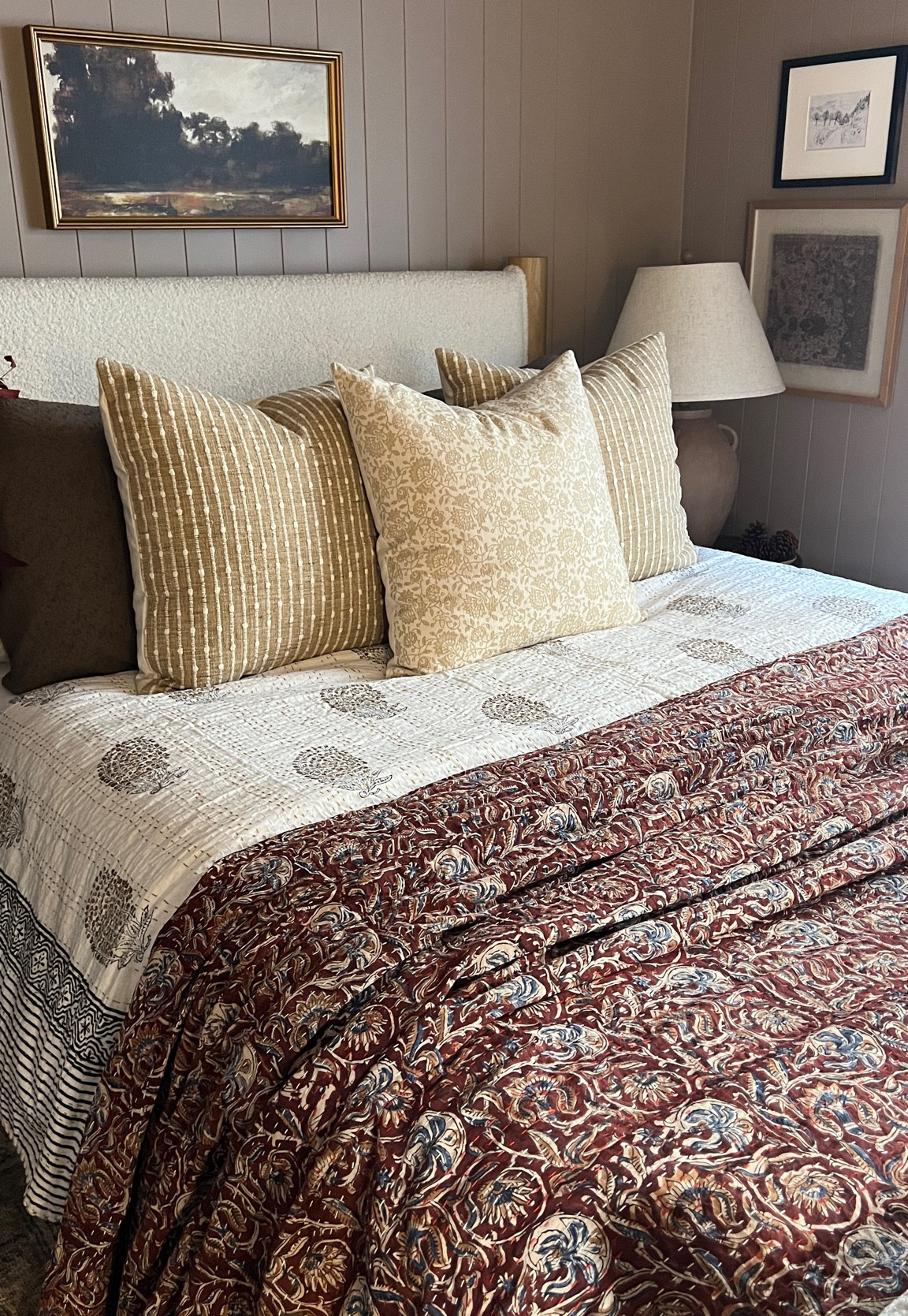 Moody bedroom styling 

Guest room burgundy kantha quilt tan beige throw pillow cover striped floral block print vintage rug red stems dark found vase aged bronze round side table urn lamp brown bench throw blanket vintage landscape framed art studio mcgee Etsy amber Lewis loloi linen curtains white and black quilt stitching empire lamp shade ceramic dish cream candle 

#LTKFind #LTKhome #LTKstyletip