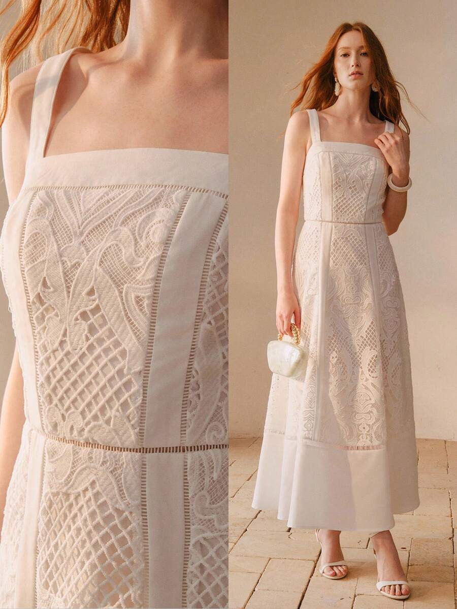 MOTF PREMIUM LIGHTWEIGHT ELEGANT WHITE STRAPS LACE TRIM FLARED HOLLOW OUT DRESS FOR WOMEN, SPRING... | SHEIN