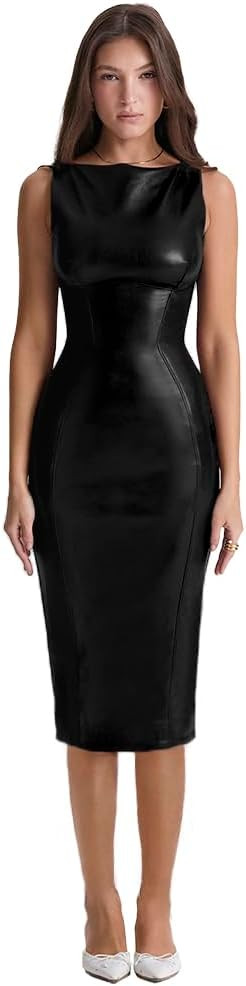 XLLAIS Sleeveless PU Sheath Dress Faux Leather Bodycon Midi Pencil Dress | Amazon (US)