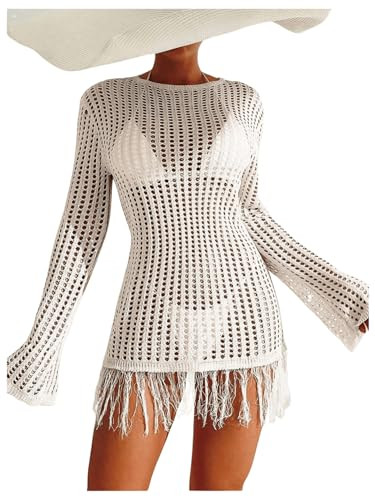 RoseSeek Women's Knitted Hollow Out Fringe Cover Ups Sheer Long Sleeve Swim Cover Up Dress Summer Beach Dresses White Small | Amazon (US)