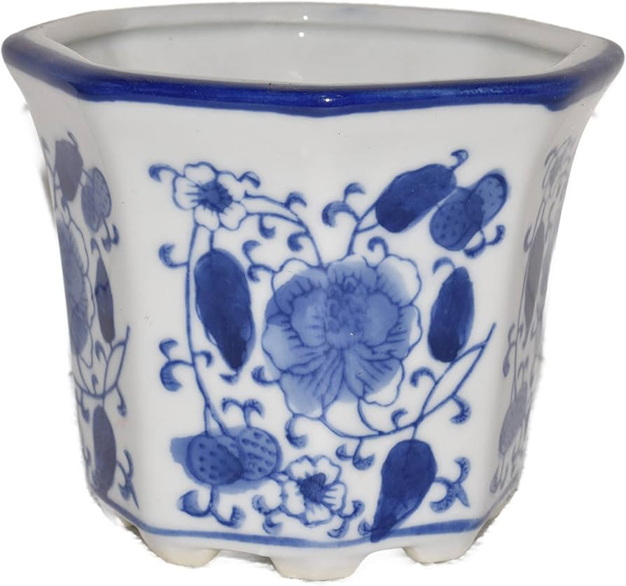 New 4.5' Cobalt Blue & White Oriental Ornate Flower Design Hexagon Shape Bonsai Planter Pot | Amazon (US)