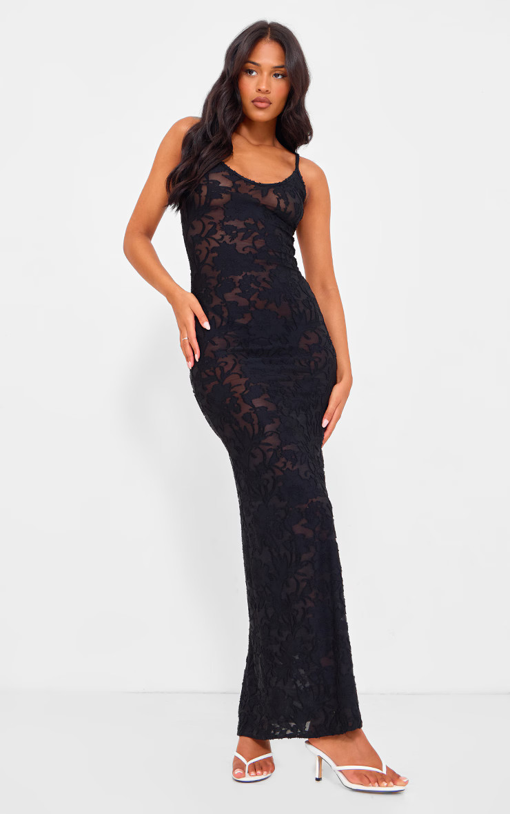 Tall Black Floral Textured Cami Strap Maxi Dress | PrettyLittleThing US