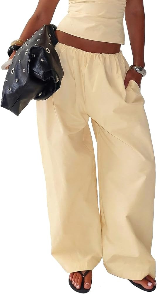 Just Quella Women's Oversized Lightweight No Stretch Y2K Wide Leg Elastic Waist Baggy Pants Stree... | Amazon (US)