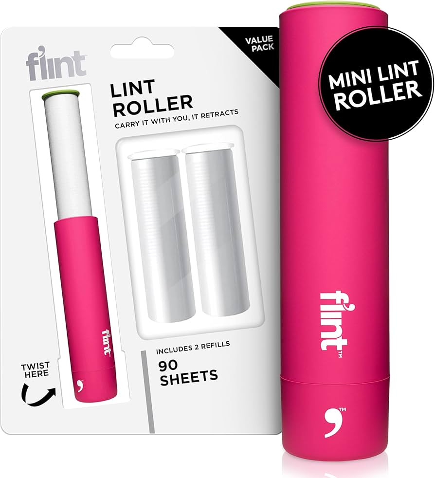 Flint Classic Pink Retractable Mini Lint Roller with 90 Extra Sticky Sheets, Small and Portable L... | Amazon (UK)