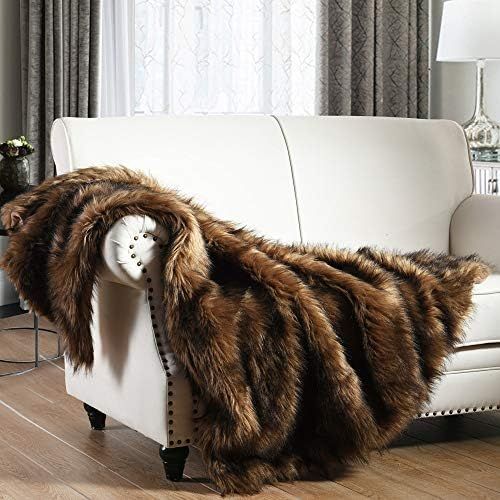 Luxury Plush Faux Fur Throw Blanket, Long Pile Brown with Black Tipped Blanket, Super Warm, Fuzzy... | Amazon (US)