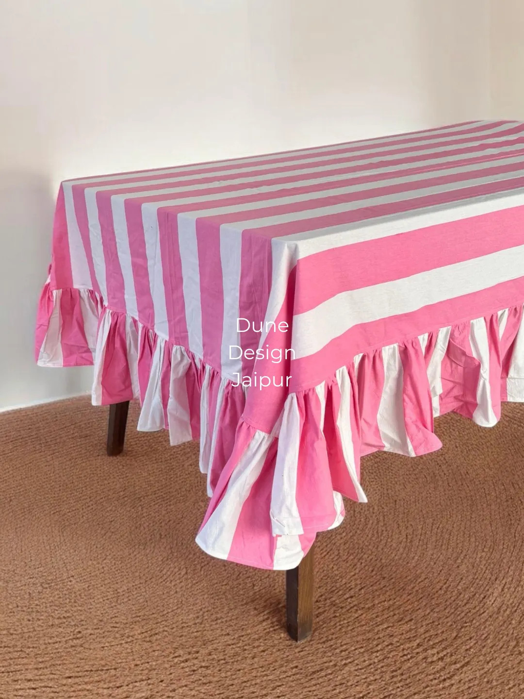 Hand Block Printed Cotton Tablecloth: Pink White Ruffle Edge, Striped Dining Decor | Etsy (US)