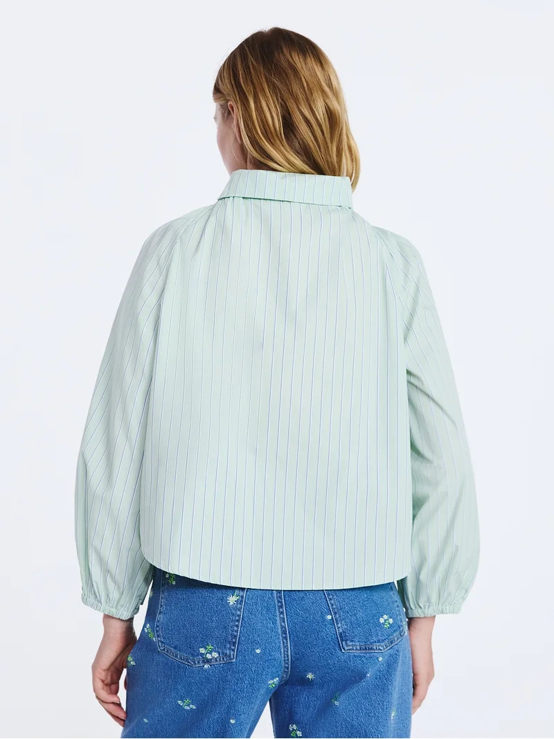 Free Assembly Women's Ruffle Tie Neck Cotton Top with Long Puff Sleeves, Sizes XS-XXL | Walmart (US)