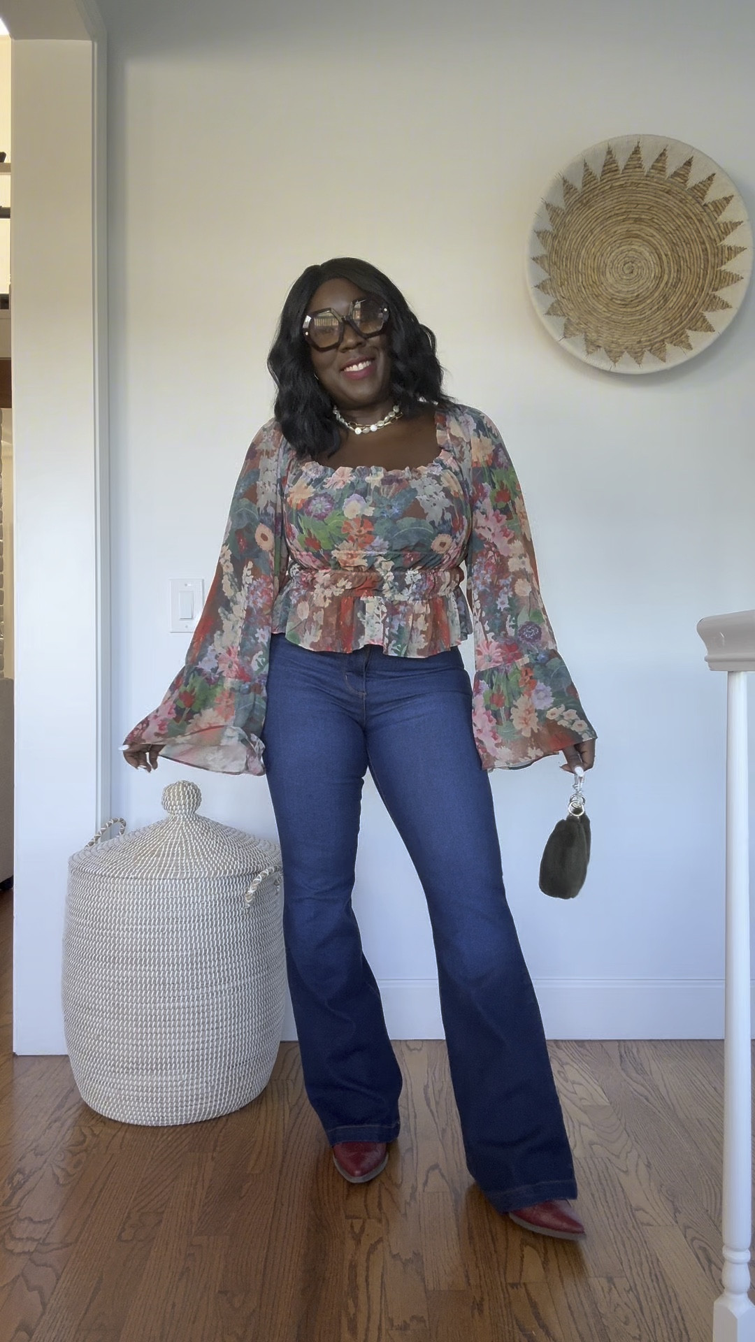 My inner flower child is coming out in this Anthropologie top! Styled it with dark wash jeans, cowgirl booties, green purse, pearl and gold necklaces and cute sunnies!!

#LTKPetite #LTKStyleTip #LTKMidsize