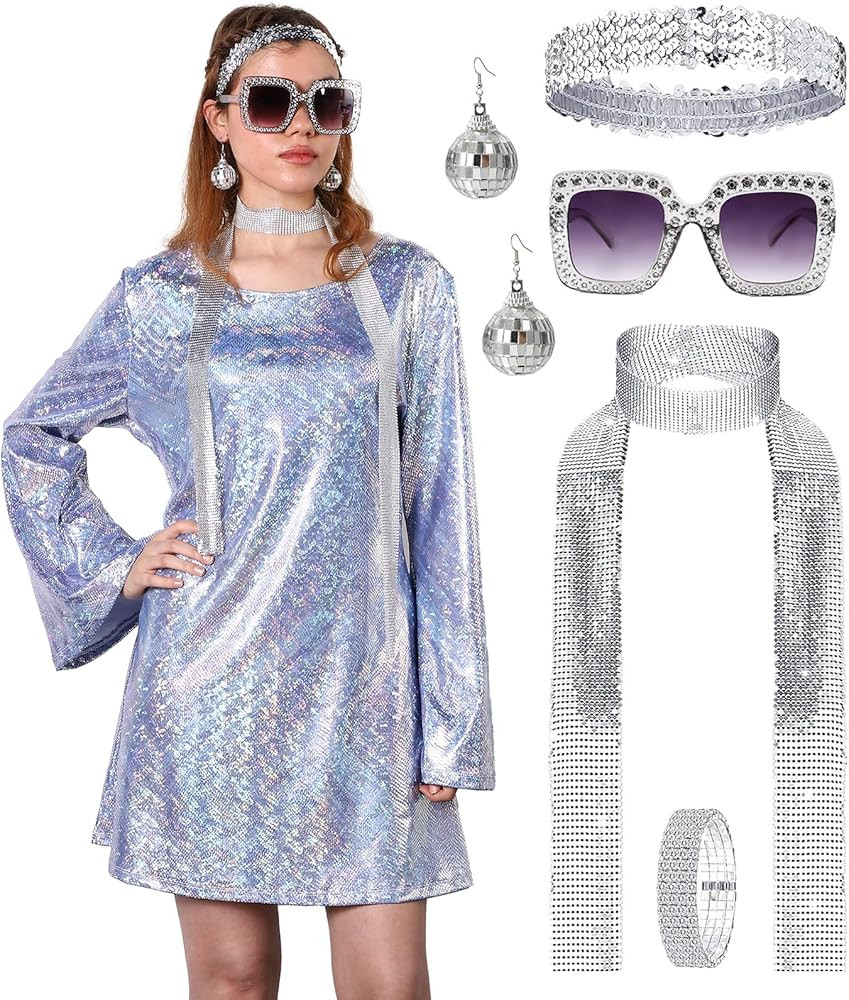 70s Disco Outfit Women, 70s Theme Disco Dress Costume Shiny Go Go Dress
        for Halloween Bir... | Amazon (US)