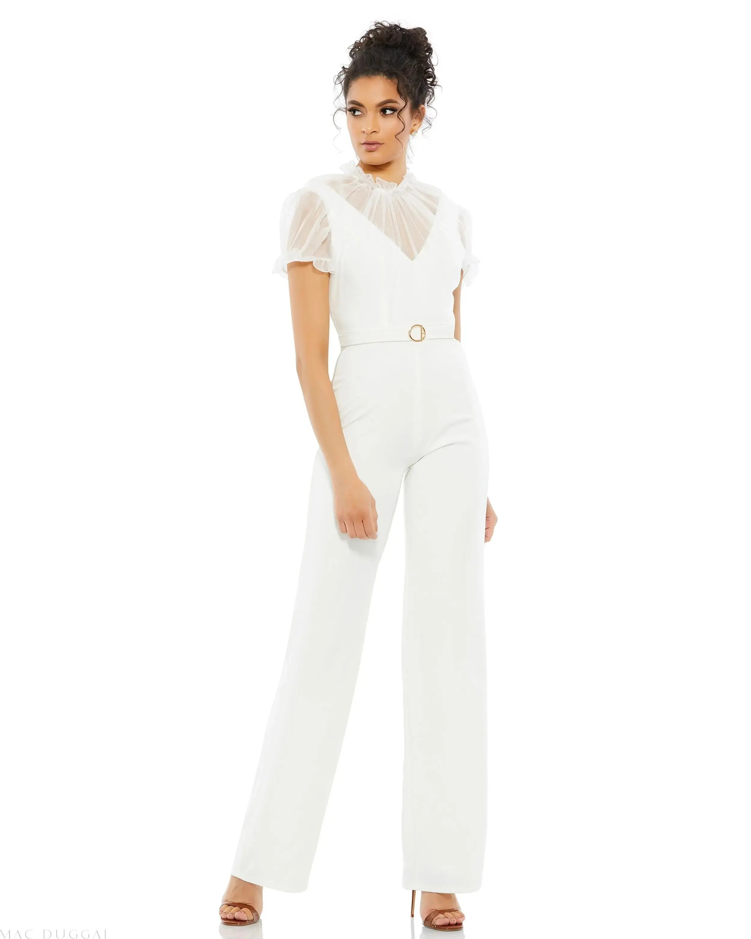 Belted Illusion High Neck Cap Sleeve Jumpsuit | Mac Duggal