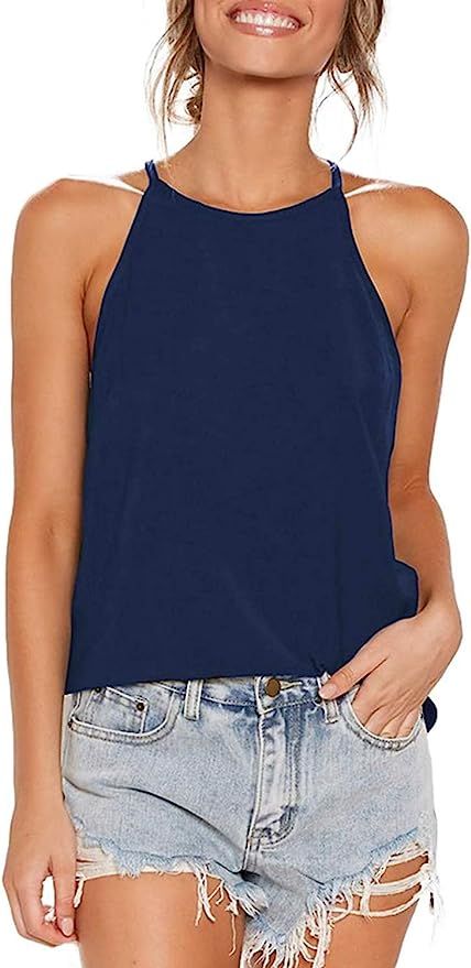 Dressmine Women's Summer Halter Tops Sleeveless Racerback Tank Top Casual Basic Tee Shirts | Amazon (US)
