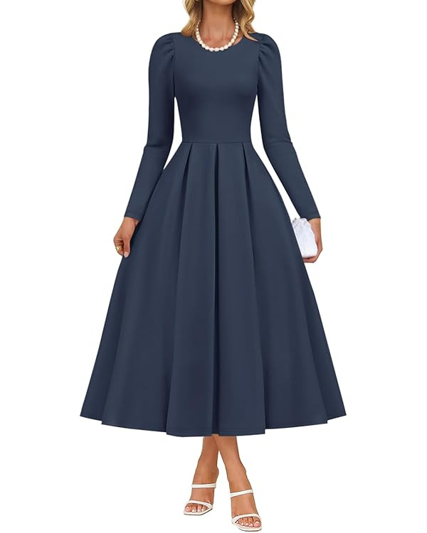 ZESICA Women's Long Sleeve Midi Dresses 2025 Fall Elegant Crewneck Swing A Line Wedding Guest Par... | Amazon (US)