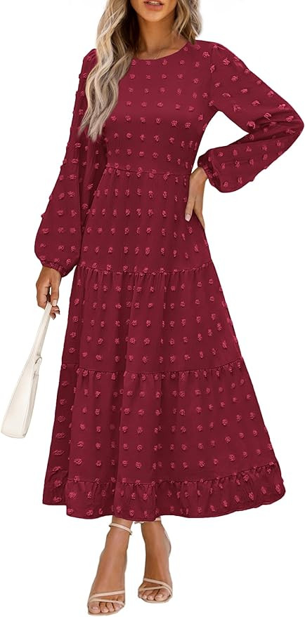 PRETTYGARDEN Women's Fall Spring Elegant Long Sleeve Maxi Dress Swiss Dot A Line Flowy Casual Hol... | Amazon (US)