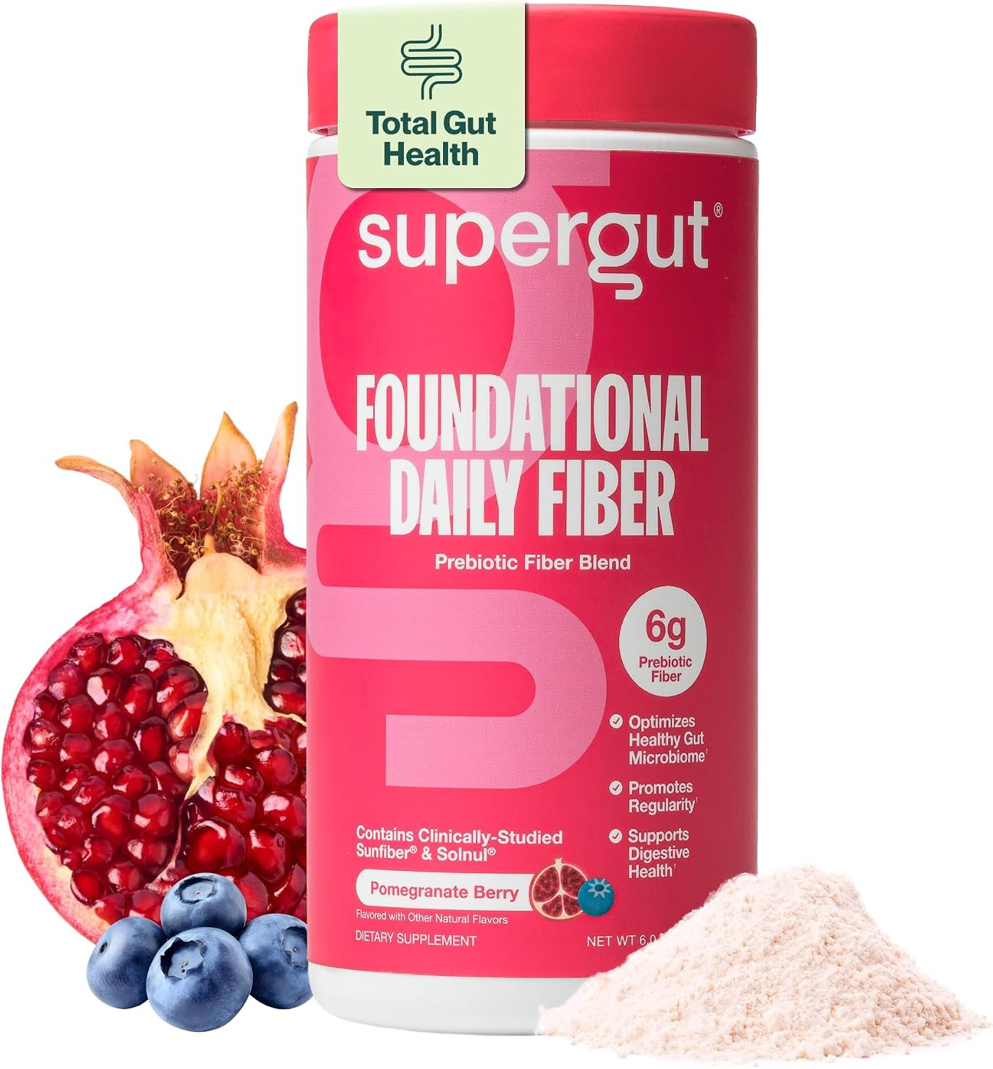 Supergut Foundational Daily Fiber Powder, Sugar Free & Vegan Prebiotic Fiber Blend for Gut Health & Digestive Support, Supplement for Men & Women with Solnul & Sunfiber, Pomegranate Berry, 18 Servings | Amazon (US)