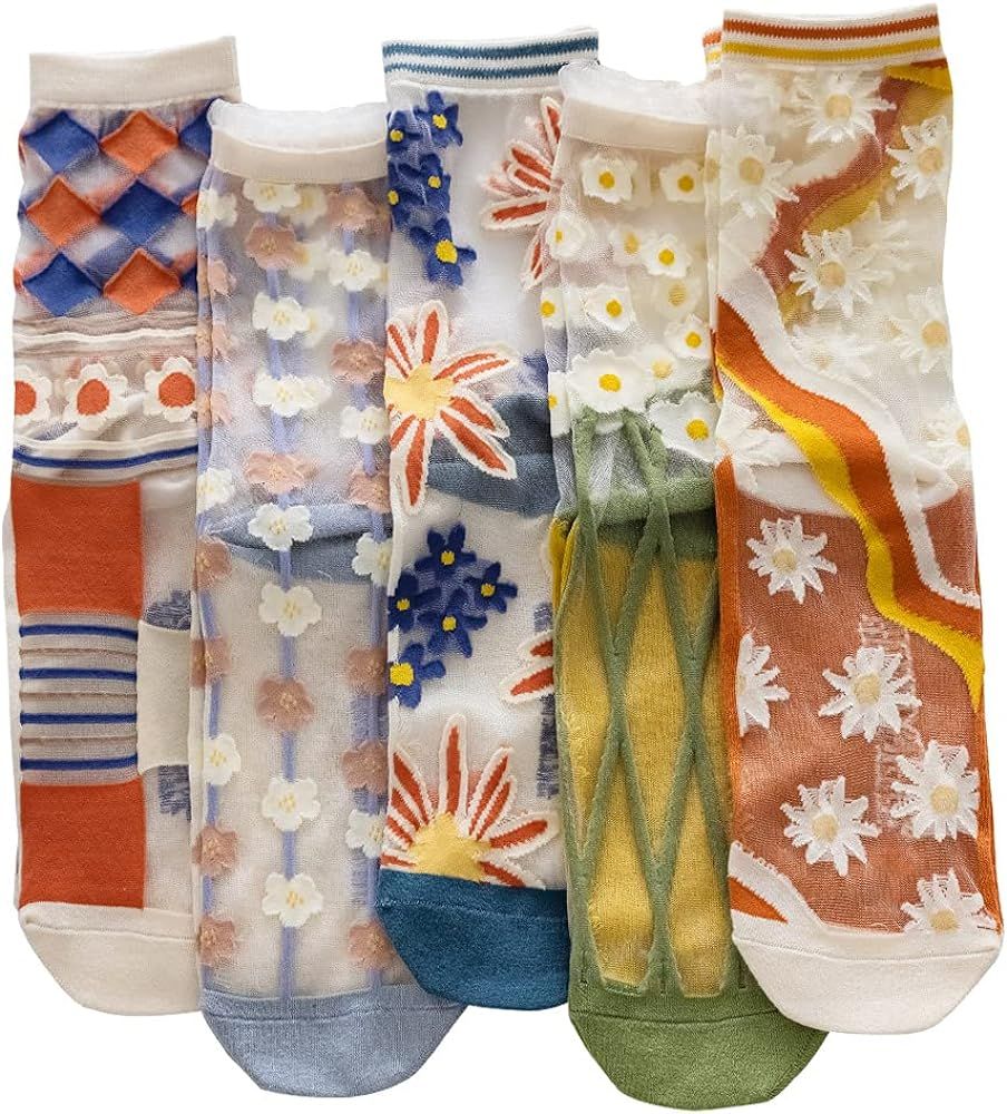 Womens Sheer Socks, Summer Transparent Thin Mesh Lace Elastic Jacquard Crystal Glass Socks | Amazon (US)