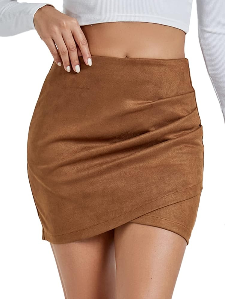 Rooscier Women's Suede Ruched Wrap High Waist Bodycon Zipper Back Mini Skirts | Amazon (US)