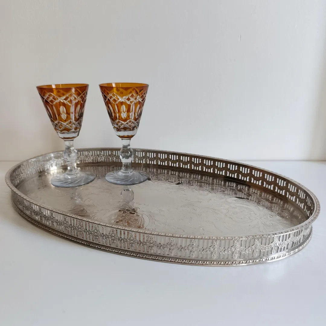 Vintage English Silver Plated on Copper Oval Galleried Serving Tray with Floral Design. Perfect G... | Etsy (US)