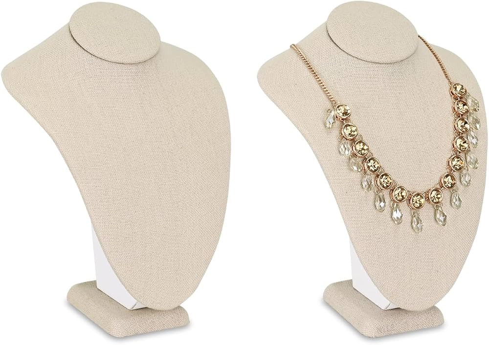 MOOCA Jewelry Display Stand, 2 Pcs Set Tan Linen Covered Wood, Necklace Bust, 7 in Height | Amazon (US)