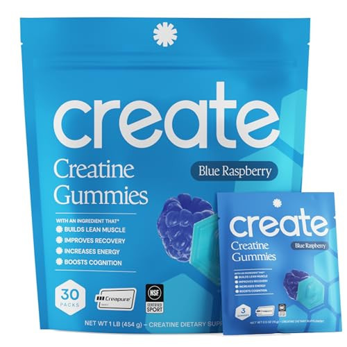 Create Creatine Monohydrate Gummies, 30 Single-Serve Packs, Blue Raspberry | Amazon (US)