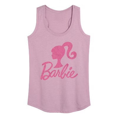 Women's Barbie Logo Pink Glitter Graphic Racerback Tank - Heather Orchid - Small | Target