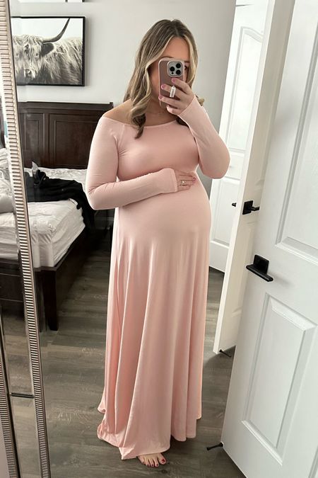 Baby shower dress. Maternity dress. Off shoulder dress. Pink blush maternity. Comes in a ton of colors! Wearing a size large. Third trimester, 5'8". Baby pink dress. Super soft and comfortable  

#LTKbump #LTKfindsunder100 #LTKMostLoved