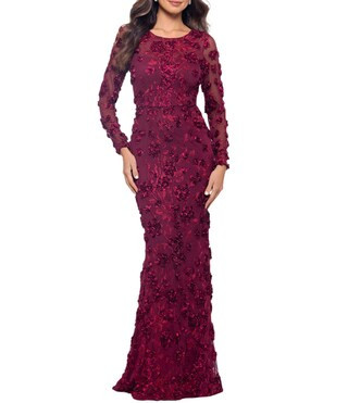 Illusion 3D Flower Pattern Crew Neck Long Sleeves Sheath Gown | Dillard's