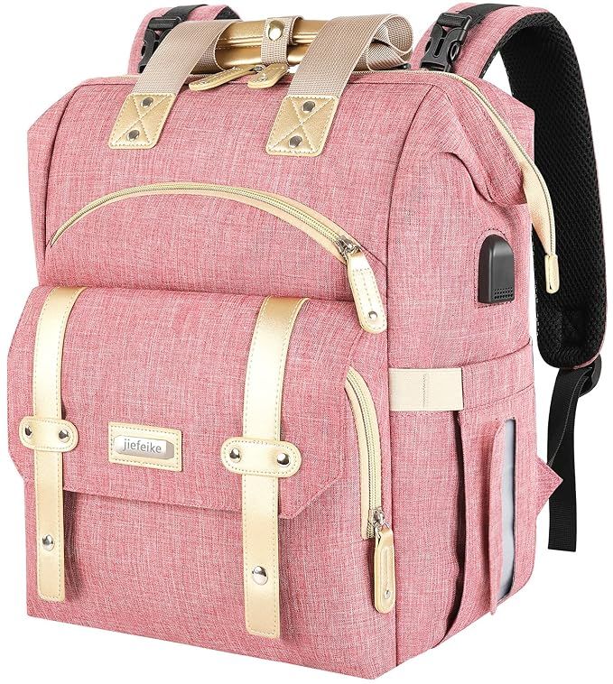 Jiefeike Diaper Bag Backpack, Pink Baby Girls Diaper Bag for Mom, Travel Baby Bags Backpack for W... | Amazon (US)