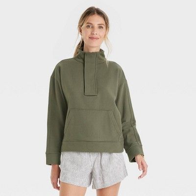 Women&#39;s Quarter Zip Sweatshirt - A New Day&#8482; Olive Green S | Target