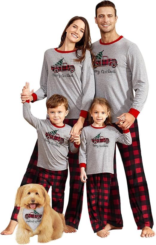 IFFEI Family Christmas Pajamas Matching Sets PJ's Sleepwear Printed Top and Plaid Pants with Pock... | Amazon (US)