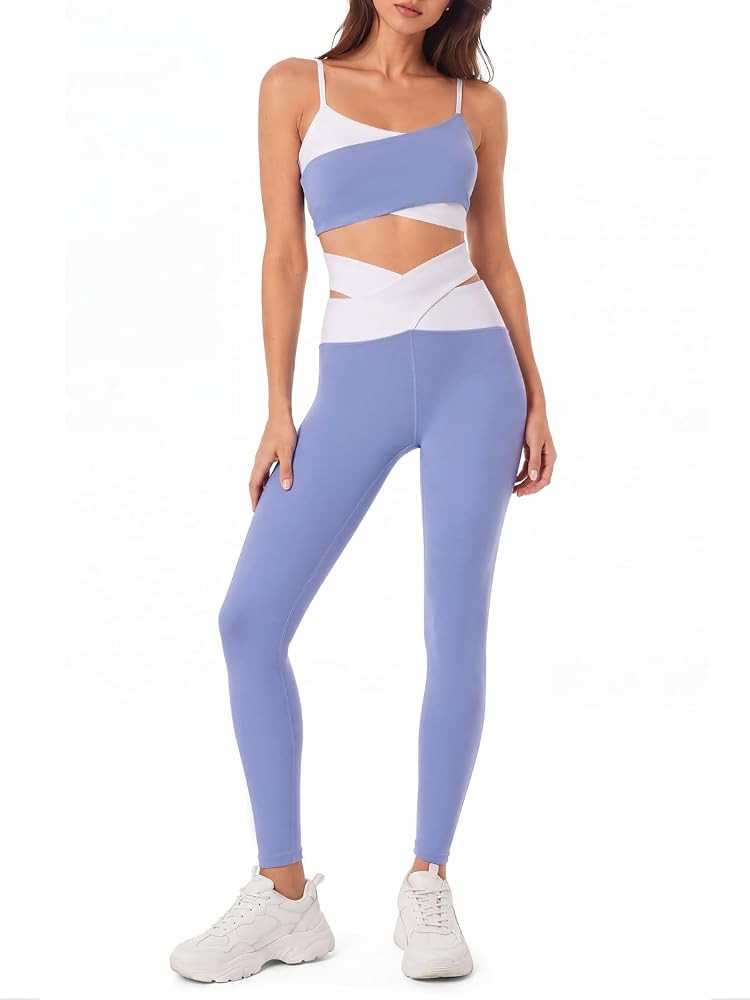 Aoysky Womens Workout Sets Padded Sports Bras Crossover High Waisted Leggings 2 Piece Outfits Mat... | Amazon (US)