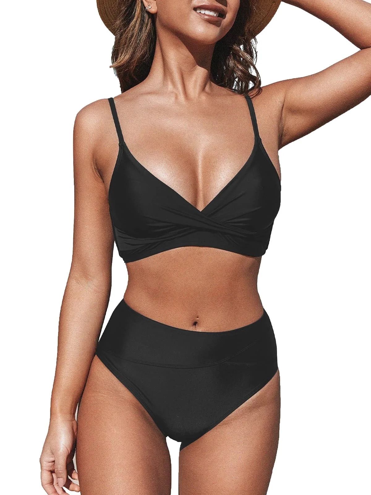 Cupshe Women's Black Twist Bikini Sets Swimsuit High Waisted Bathing Suit, M | Walmart (US)