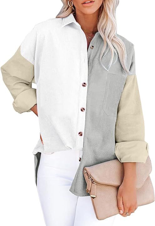 Magritta Womens Shirts Long Sleeve Button Down Collared V Neck Oversized Blouses Tops with Pockets | Amazon (US)