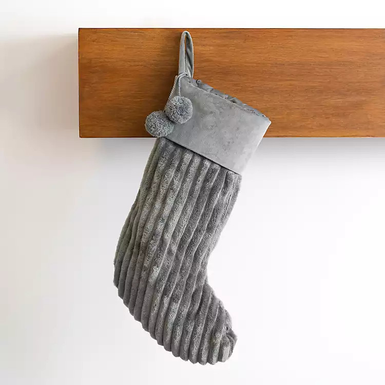Gray Ribbed Velvet Pom-Pom Stocking | Kirkland's Home