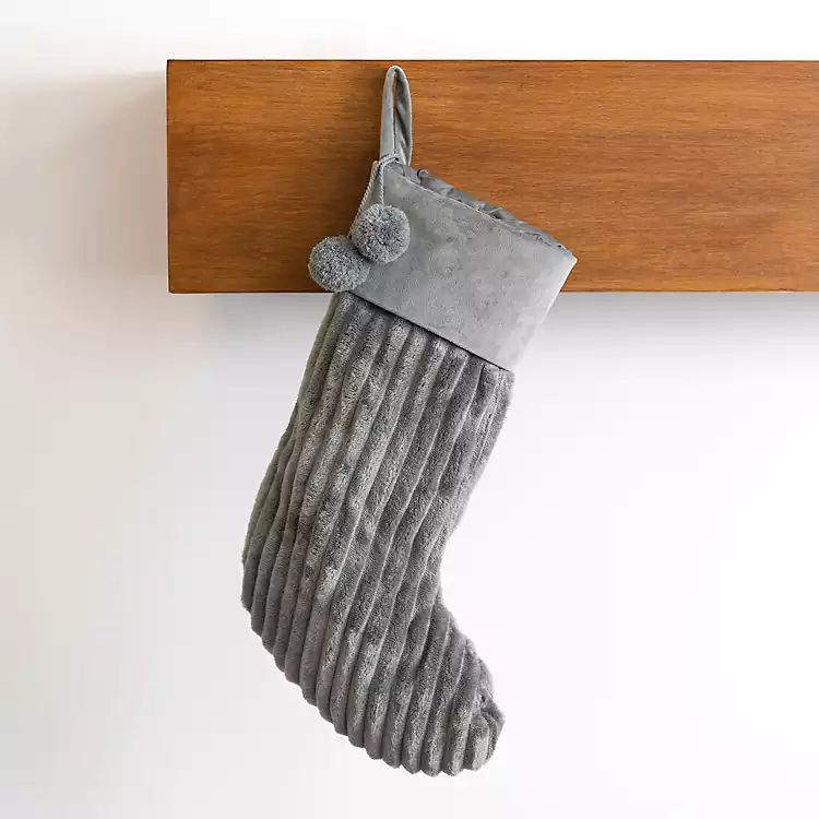 Gray Ribbed Velvet Pom-Pom Stocking | Kirkland's Home