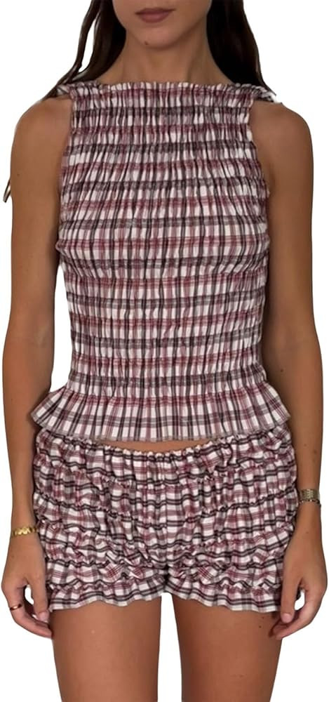 Women 2pcs Smocked Ruffle Shorts Pajamas Set Sleeveless Round Neck Plaid Print Crop Top Elastic W... | Amazon (US)