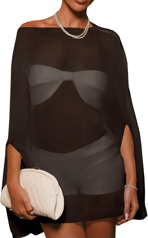 Yousify Cover Ups Off Shoulder Swimwear Summer See Through Beachwear Coverup Batwing Poncho Shawl... | Amazon (US)