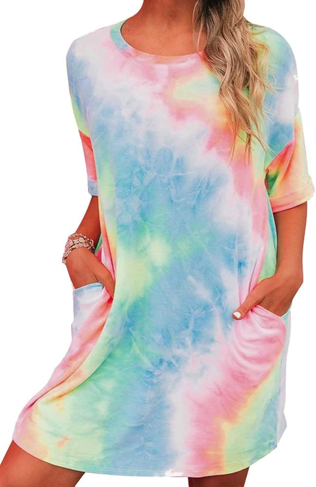 MOUSYA Women Tie Dye Dress Short Sleeve T Shirt Dress Summer Casual Loose Mini Dress with Pockets | Amazon (US)