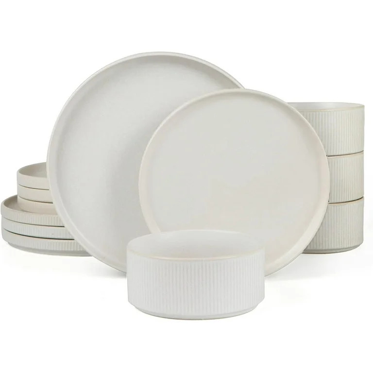 Star Dinnerware Sets, 12 Piece Dish Set for 4, Plates and Bowls, Ribbed Design, Full Glaze Matte ... | Walmart (US)