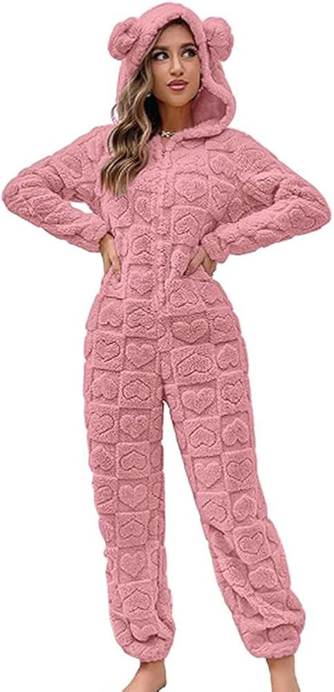 chouyatou Women's Furry Sherpa Onesie Pajamas Lounge Heart Jacquard One Piece Romper Cute Ear Hoo... | Amazon (US)